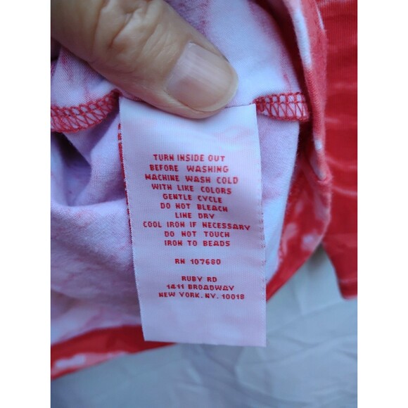 Ruby Rd Tie Die Top Beaded 3/4 Sleeve SZ Large Orange Cotton Stretch Rounded Hem - Picture 8 of 8